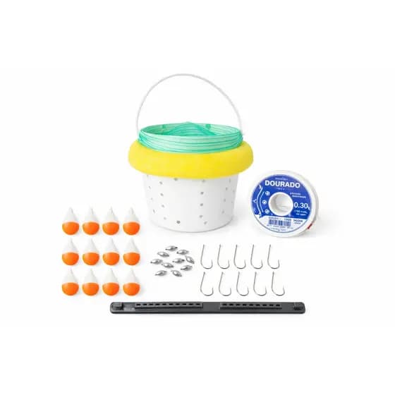 Kit Pesca Completo para Porquinho com Balde de Isca p/ Camarão + Linha + Anzol + Boia + Chumbada + Enrolador
