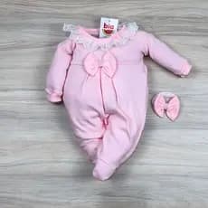 Macacão bebê menina manga longa com laço e pérolas delicado