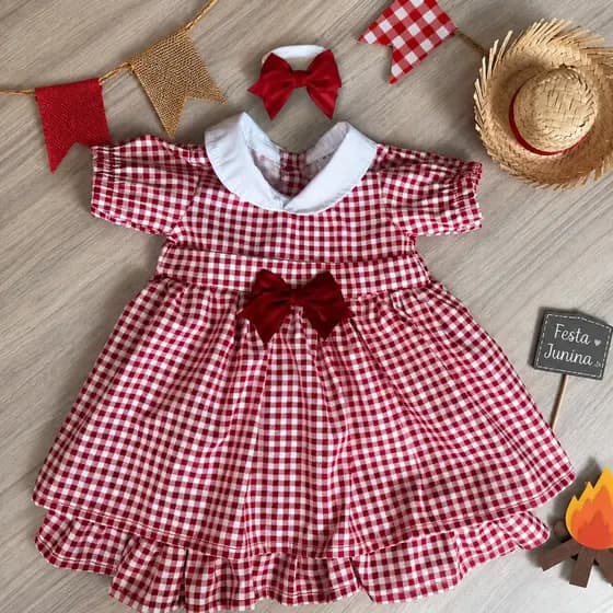 Vestido Bebê Menina Natal Xadrez Vermelho Gola Boneca - com Faixa de Cabelo