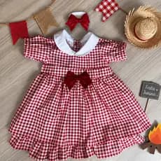 Vestido Bebê Menina Natal Xadrez Vermelho Gola Boneca - com Faixa de Cabelo
