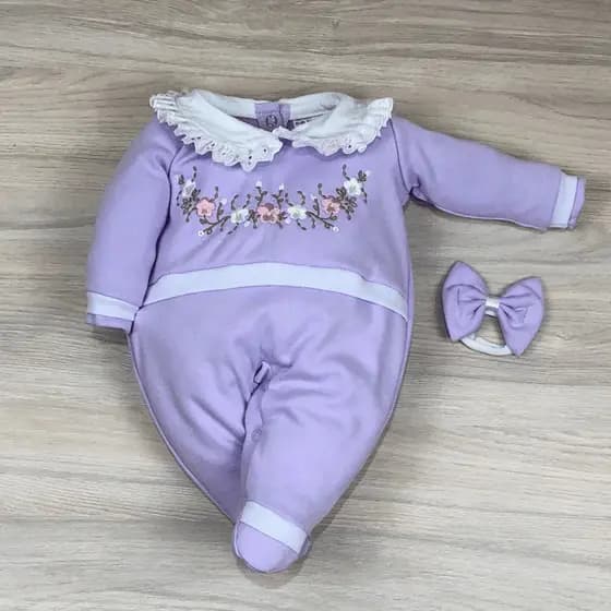 Macacão bebê menina Ana bordado delicado algodão confortável