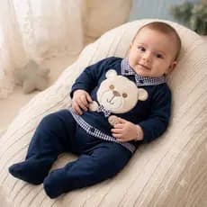 Macacão bebê menino bordado Bear gola camisa algodão confortável