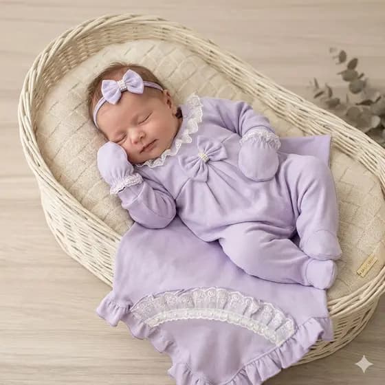 Saída maternidade bebê menina Melissa com renda e pérola delicada e laço de cabelo
