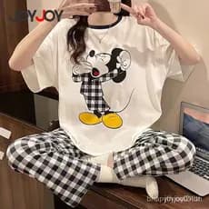 Joyjoy Pijama Feminino Cartoon–Verão Casual com Manga Curta e Calça Xadrez Confortável, Conjunto de Roupas de Sala Fofo
