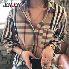 Camisa Feminina Clássica de Manga Longa Xadrez, Estilo Casual para Primavera e Outono, com Botões Frontais