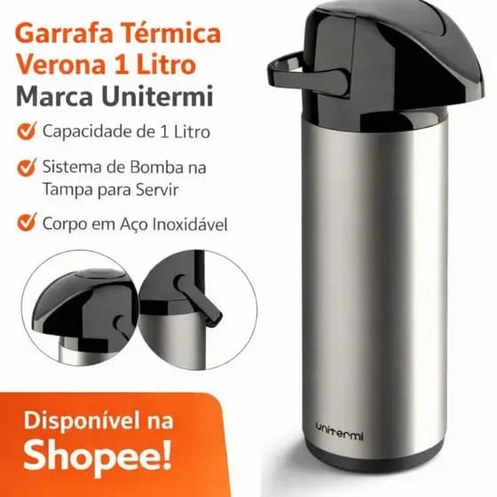 Garrafa Termica de Mesa Verona Pressão 1,0L Inox Unitermi