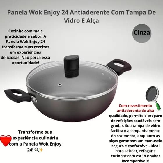 Panela Wok Colore 24cm Tampa de Vidro e Alça AA Cor Cinza