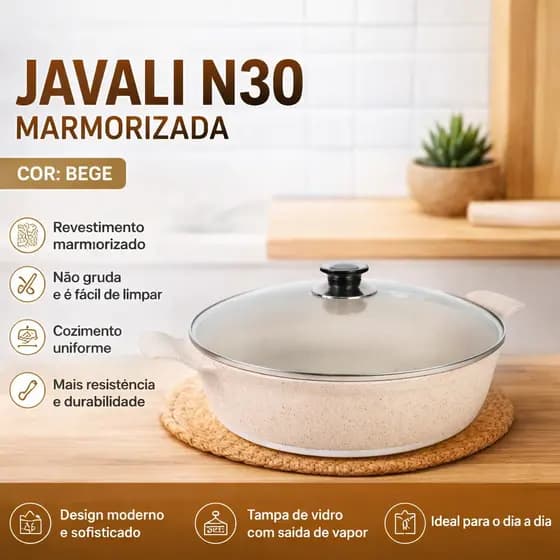 Panela Javali N30 Marmorizada Bege Antiaderente Tampa Vidro Alta Resistência Premium 4,7LTS