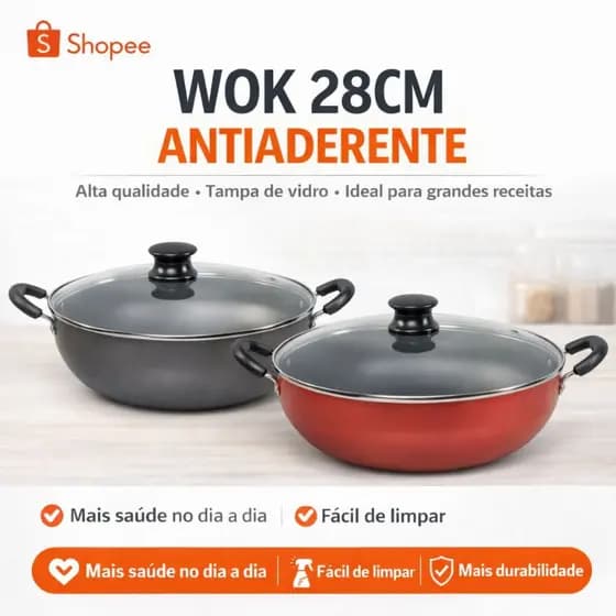 Panela Wok 28cm Antiaderente Grande Com Tampa Vidro Não Gruda Frigideira Funda Cozinha