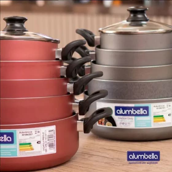 Jogo de Panelas 5 pçs Antiaderente C/ Tampa de Vidro Alumbella Premium