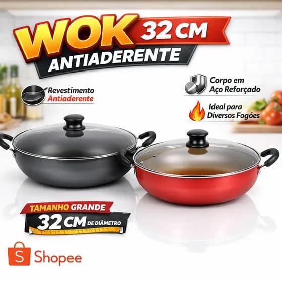 Panela Grande Wok Antiaderente Premium Com Tampa De Vidro 32cm 6 Litros Cor Creme/cereja e Grafite