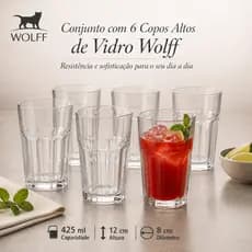 Jogo 6 Copos Altos Conjunto Vidro Grosso Suco Água Drinks Transparente 425ml Wolff