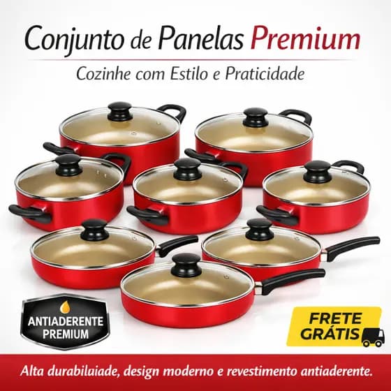 Jogo de Panelas e Frigideiras Gourmet Cereja Antiaderentes com Tampas de Vidro