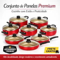 Jogo de Panelas e Frigideiras Gourmet Cereja Antiaderentes com Tampas de Vidro