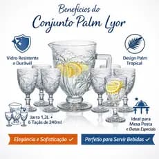 Conjunto Palm Lyor 7 Peças Vidro Transparente Elegante Jarra 1,3 Litros e Taças 240ML Transparente