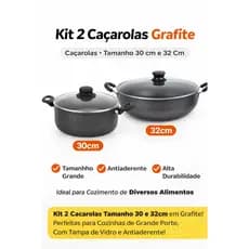 Kit 2 Panelas Caçarola Grande Antiaderente Grafite 30cm e 32cm com Tampa de Vidro