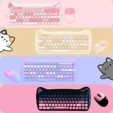 Conjunto temático de teclado e mouse sem fio com tema de gato, em um lindo tom de rosa fofo e de tamanho grande.