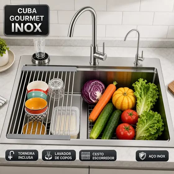 Kit Cuba Gourmet Inox Preto 60x40cm Com Torneira Escorredor Lavador de Copos e Acessórios