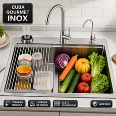 Kit Cuba Gourmet Inox Preto 60x40cm Com Torneira Escorredor Lavador de Copos e Acessórios