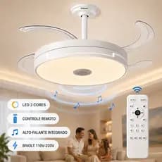 Ventilador de Teto LED Retrátil Branco com Controle Remoto 3 Cores Dimmer Música Bivolt