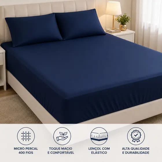 Lençol Casal com Elástico 400 Fios Micropercal Liso Toque Macio Premium Hotel Cama Casal Confortável Antialérgico