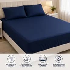 Lençol Casal com Elástico 400 Fios Micropercal Liso Toque Macio Premium Hotel Cama Casal Confortável Antialérgico