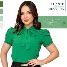 Blusa Camisa Manga Curta Social Crepe Gola de Laço Bufante Elegante Moda Evangélica Básica Casual