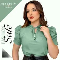Blusa Feminina Manga Curta Social Lisa Moda Evangélica Elegante Basica Casual com Botão Bufante