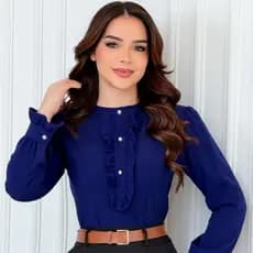 Blusa Feminina Manga Longa com Babados Botões Perolados Elegante Social Crepe Moda Evangélica Casual