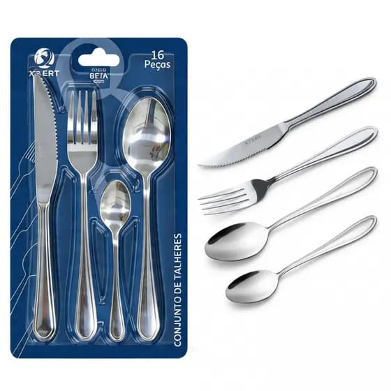 Faqueiro Inox Jogo de Talheres 16 Peças Mesa Posta 4 Colheres, 4 Facas, 4 Garfos e 4 Colheres de Chá