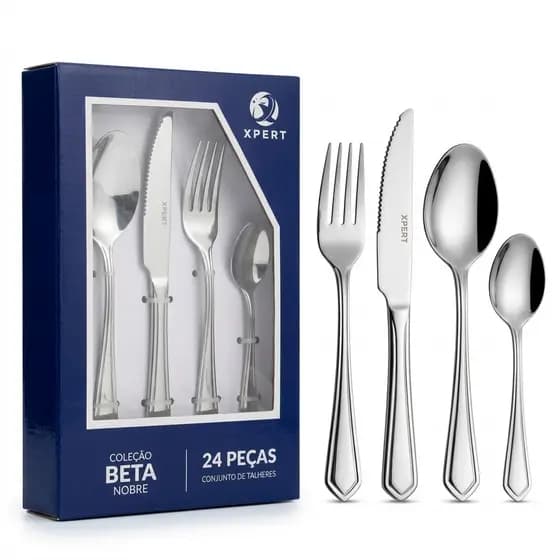 Faqueiro Inox Jogo de Talheres 24 Peças Conjunto 6 Colheres, 6 Facas, 6 Garfos e 6 Colheres de Chá