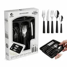 Jogo de Talheres 25 Peças Faqueiro Inox Kit Talheres com Porta Talheres Luxo Cor Preto