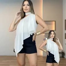 Blusa Cropped Feminina Estilosa Gola Alta Dunas Elegante Social