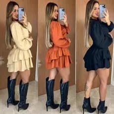 Vestido Feminino Boho Chic Soltinho Manga Longa babado na Barra Tendência (GOLA)