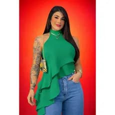 Blusa Feminina Assimétrica Bico Diagonal Gola Alta Elegante Moda Verão 2026 (REGATA)