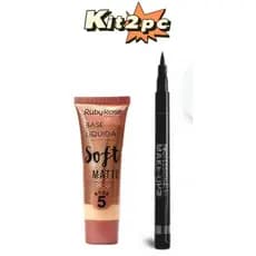 Base Líquida Soft Matte Bege Ruby Rose HB-8050 e Caneta Delineadora Professional Ruby Rose Hb-090