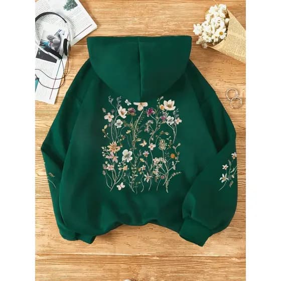 Pullovêr Flanelo Premium Canguru Feminino com Flores Estampadas Blusa Frio Manga Longa Outono Inverno Top Envio Rápido
