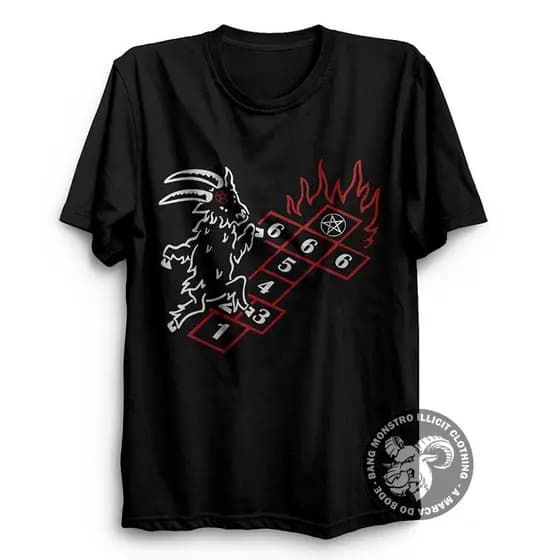 Camiseta Camisa  Baphomet Pulando Amarelinha Camisa Baphomet de Algodão Preta Unissex 100%Algodão do P ao G3