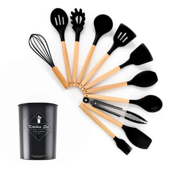 Kit 12 Utensílios de Cozinha em Silicone com Cabo de Madeira em Diversas Cores