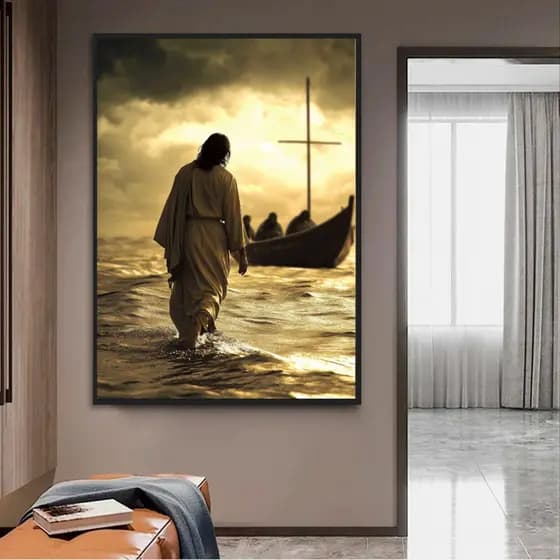 Quadro Decorativo Jesus Sobre o Mar 80x110cm Decoração de Parede Hall Luxo Sala Quarto MDF