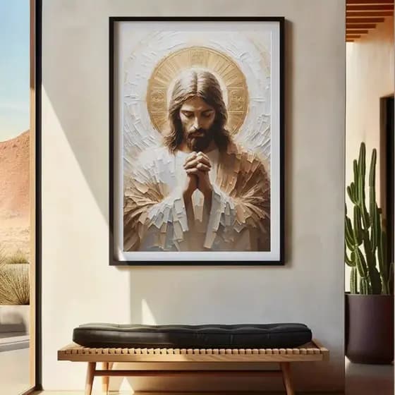 Quadro Decorativo Jesus Cristo Rezando Orando 80x110cm Decoração de Parede Hall Luxo Sala Quarto MDF