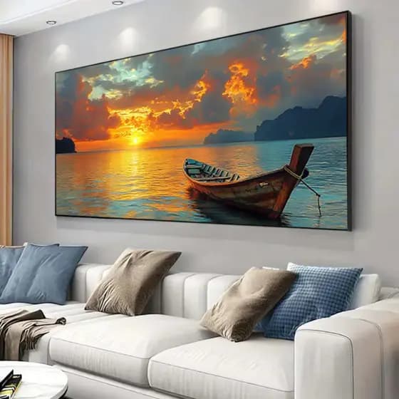 Quadro Decorativo Barco Canoa Pôr Do Sol Pesca 80x110cm Decoração Parede Hall Luxo Sala Quarto MDF