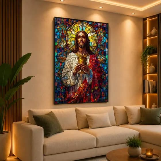 Quadro Decorativo Jesus Cristo Vitral 80x110cm Decoração de Parede Hall Luxo Sala Quarto MDF