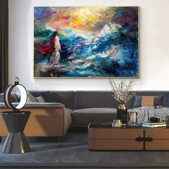 Quadro Decorativo Jesus Sob o Mar Tempestade 80x110cm Decoração de Parede Hall Luxo Sala Quarto MDF