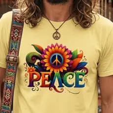 Camiseta Algodão Paz Amor Peace Hippie Girassol Woodstock