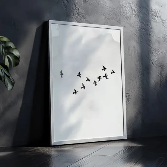Quadros Decorativo Pássaros Voando Minimalista Neutro Sala Quarto Natureza Paz Com Moldura