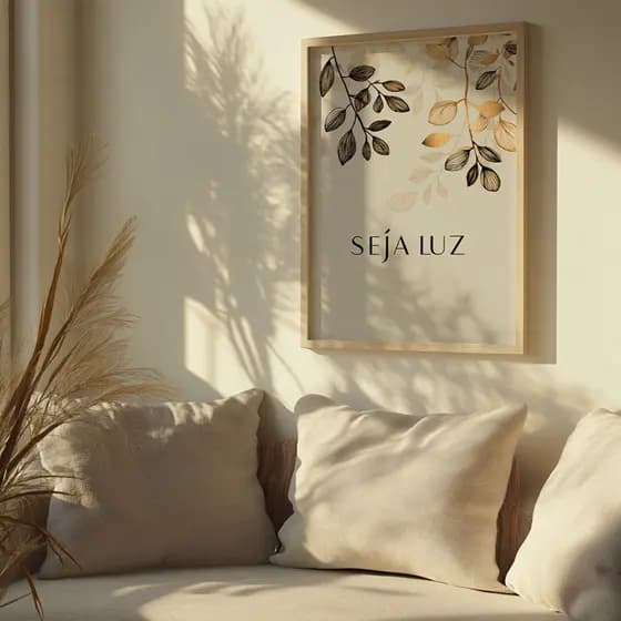 Quadro Decorativo Seja Luz Elegante Galhos Folhas Douradas Minimalista Frase Inspiradora