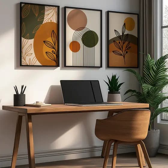 Kit 3 Quadros Decorativo Abstrato Terracota Folhagem Geométrico Natureza Tons Quentes Com Moldura