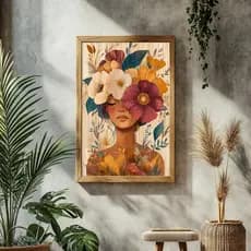 Quadro Decorativo Mulher com Flores Arte Botânica Feminina Elegante Tons Terrosos com Moldura