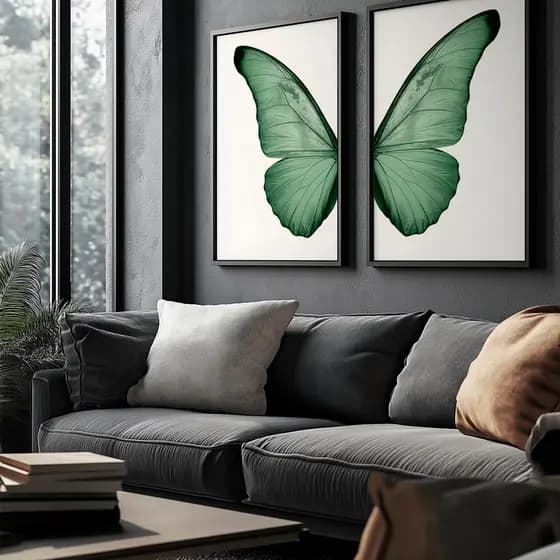 Kit 2 Quadros Com Moldura Asas De Borboleta Verde Natural Leve Moderna Parede Quarto Sala Ambiente
